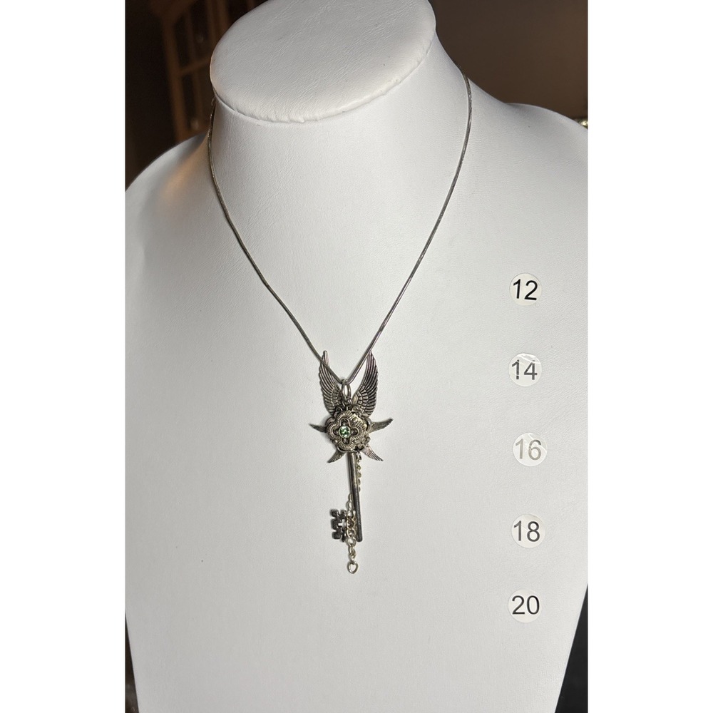 18KGP Winged Skeleton Key Pendant Necklace Green Rhinestone Gothic Steampunk